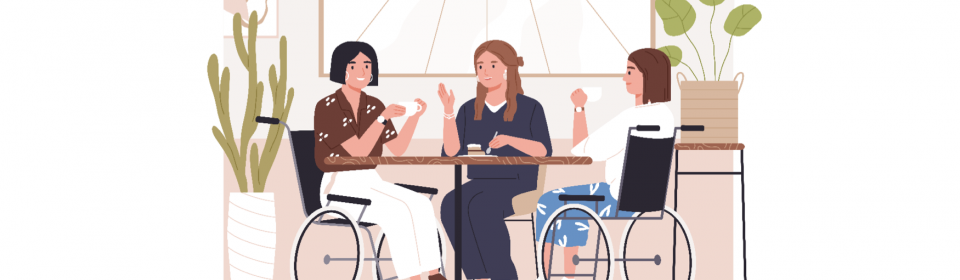 Three women chatting and drinking coffee