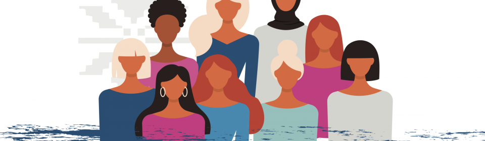 Women from diverse backgrounds stand side by side, with a traditional embroidery stitch in the background.